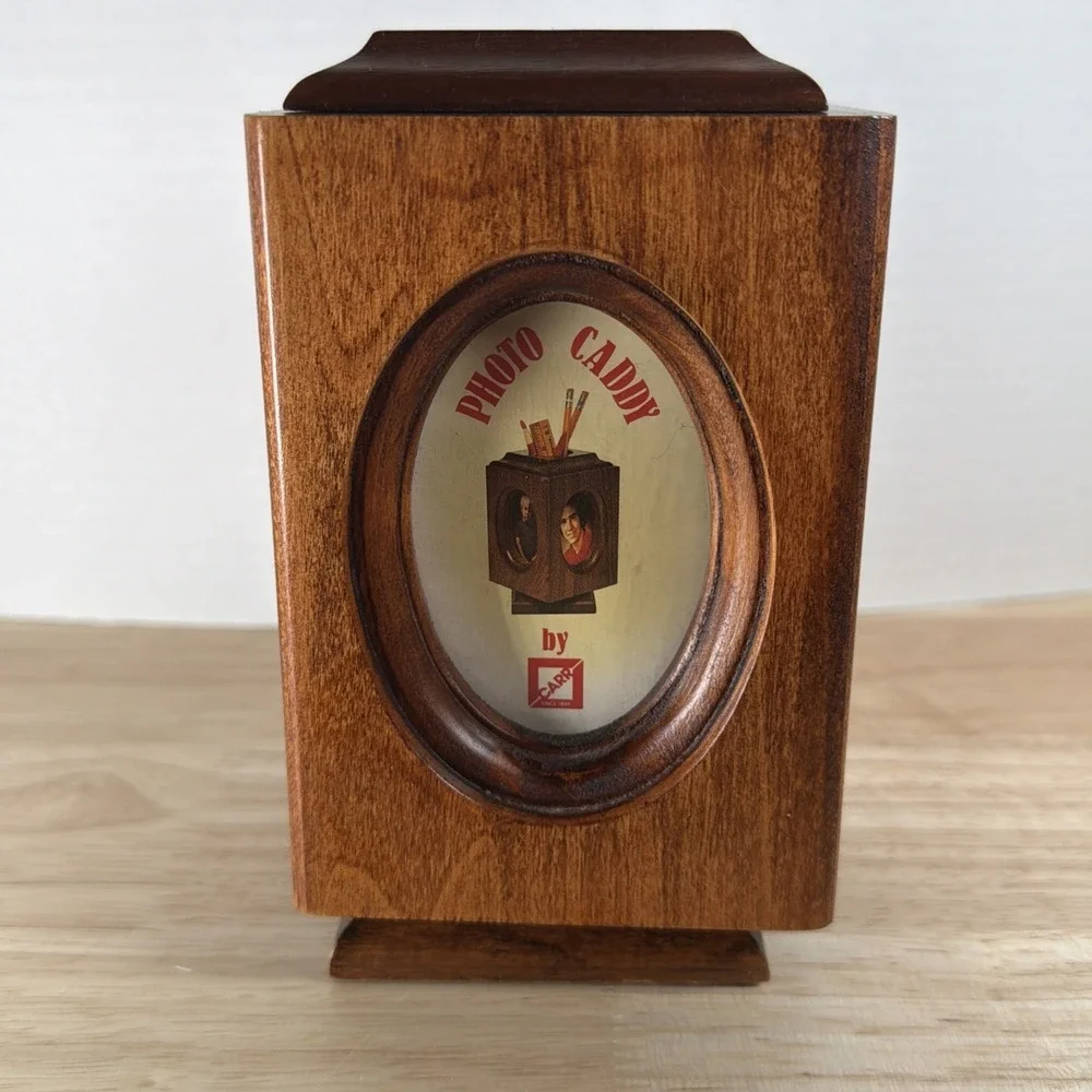 RETRO WOOD PHOTO PICTURE FRAME ROTATING DESK CADDY PENCIL HOLDER 2x3 OVAL 4 Pics